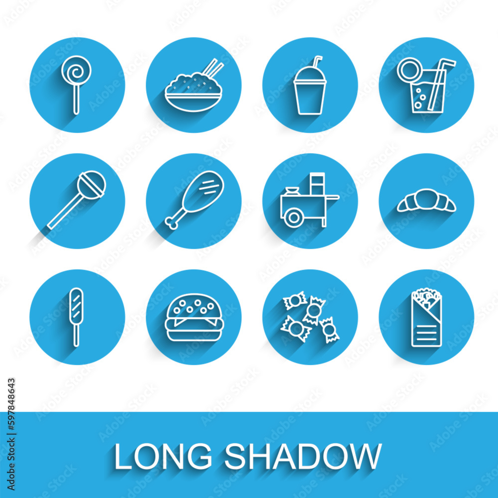 Set line Corn dog, Burger, Lollipop, Candy, Doner kebab, Chicken leg, Croissant and Fast street food cart icon. Vector Set line Corn dog, Burger, Lollipop, Candy, Doner kebab, Chicken leg, Croissant and Fast street food cart icon. Vector