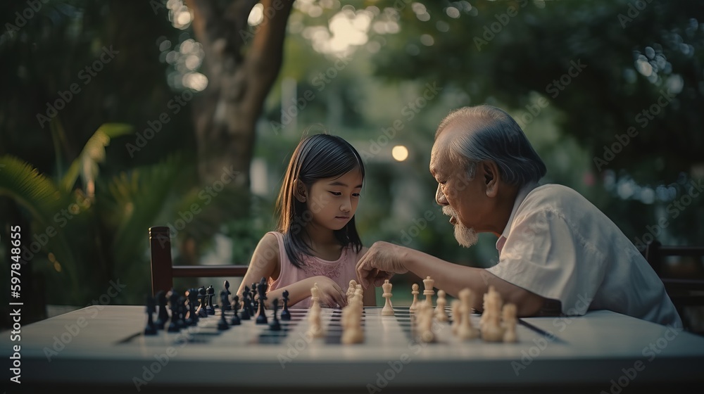 A touching image of an Asian elderly man teaching his granddaughter how to play chess, capturing the authenticity of intergenerational bonding. Generative AI - obrazy, fototapety, plakaty 