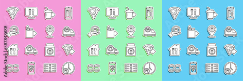 Set line Round the clock delivery, Online ordering pizza, Fast by car, Coffee cup to go, and, Slice and Cafe restaurant location icon. Vector