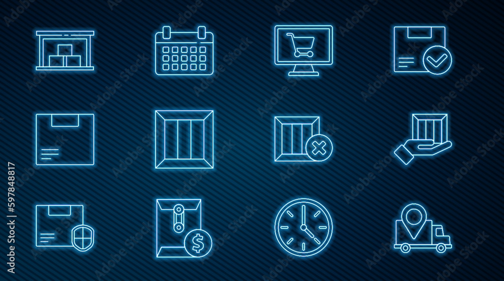 Set line Delivery tracking, hand with boxes, Shopping cart on computer, Wooden, Carton cardboard, Warehouse, delete and Calendar icon. Vector Set line Delivery tracking, hand with boxes, Shopping cart on computer, Wooden, Carton cardboard, Warehouse, delete and Calendar icon. Vector