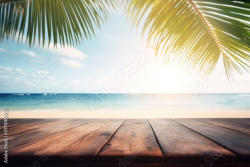 Wooden table top on blur tropical beach background - can be used for display or montage your products. Generative Ai