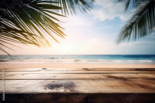 Wooden table top with blur tropical beach background. Summer vacation concept. Generative Ai