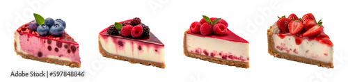 Slices of berry cheesecakes isolated on transparent background. Generative AI