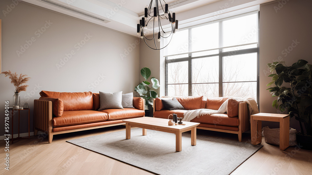 warm living room with a brown sofa and a large wooden frame, Scandinavian style. Generative AI warm living room with a brown sofa and a large wooden frame, Scandinavian style. Generative AI