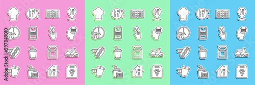 Set line Online ordering pizza delivery, Scooter, and, Restaurant cafe menu, Round the clock, Chef hat and icon. Vector