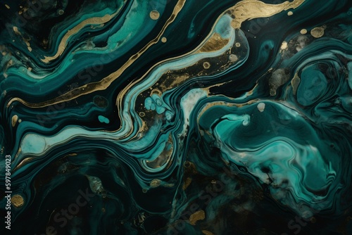 Abstract art with teal and black tones. Modern design combines marble swirl and agate ripple patterns with luxurious organic texture and gold accents. Generative AI