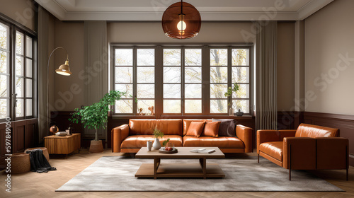 warm living room with a brown sofa and a large wooden frame, Scandinavian style. Generative AI © keks20034