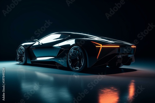 Black autonomous sports car viewed from the side on a light background with innovative heads-up display technology. Generative AI