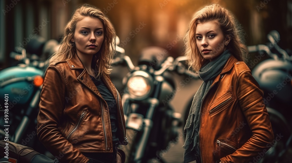 Two blonde women standing beside their motorcycles, in the style of southern countryside. Generative AI