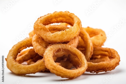 Bunch of fried onion rings over white isolated background. Generative AI. © Fabian
