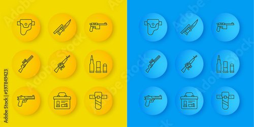 Set line Desert eagle gun, Hunting, M16A1 rifle, Knife holster, Bullet, Gun, Mauser and Bayonet on icon. Vector