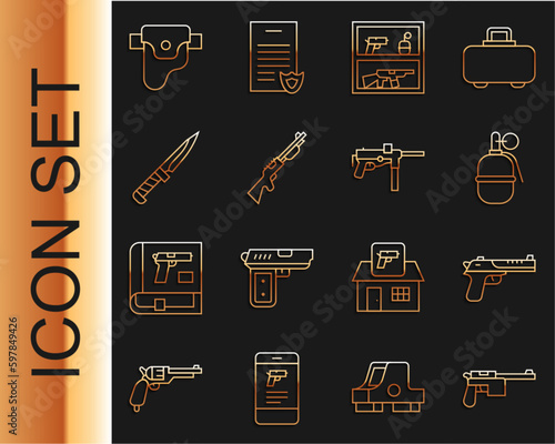 Set line Mauser gun, Desert eagle, Hand grenade, Hunting shop weapon, Military knife, Gun holster and Submachine M3 icon. Vector
