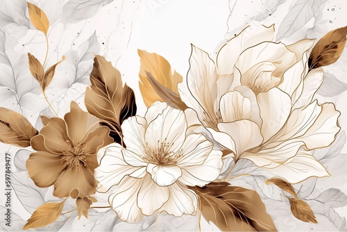 Fototapeta samoprzylepna Piękne tło kwiatowe z kwiatami i liśćmi. Ręcznie rysowana ilustracja. Wygenerowane przy pomocy sztucznej inteligencji