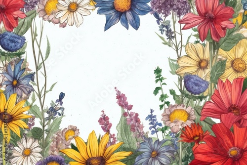 Hand-drawn frame and background of summer flowers. Generative AI