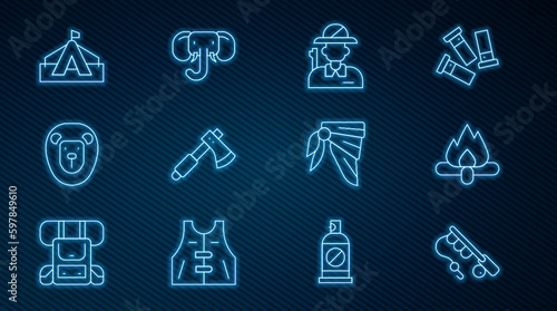 Set line Fishing rod, Campfire, Hunter, Wooden axe, Wild lion, Tourist tent, Bandana or biker scarf and Elephant icon. Vector