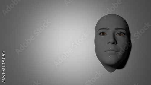 3d illustration. Human face sticking out of the gray background. 