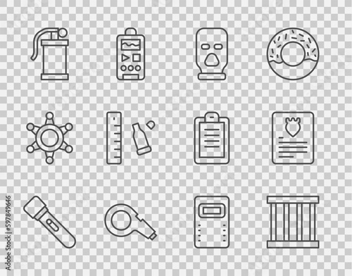 Set line Flashlight, Prison window, Balaclava, Whistle, Hand smoke grenade, Bullet casing with ruler, Police assault shield and The arrest warrant icon. Vector