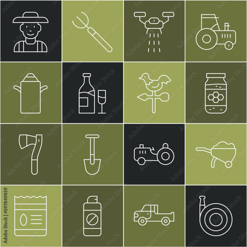 Set line Garden hose, Wheelbarrow with dirt, Jar of honey, Smart farm drone, Wine bottle glass, Can container for milk, Farmer the hat and Rooster weather vane icon. Vector Set line Garden hose, Wheelbarrow with dirt, Jar of honey, Smart farm drone, Wine bottle glass, Can container for milk, Farmer the hat and Rooster weather vane icon. Vector