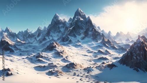 A mountain range with snowy peaks and rugged cliffs.