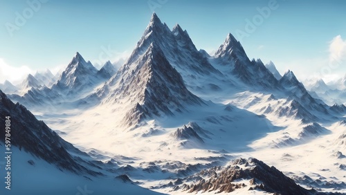 A mountain range with snowy peaks and rugged cliffs.