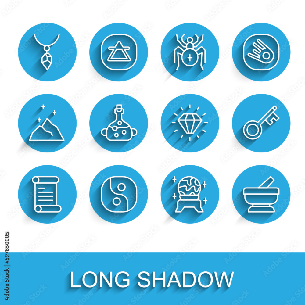 Set line Decree, parchment, scroll, Yin Yang, Necklace with crystal, Magic ball, Mortar and pestle, Poison bottle, Old key and Diamond icon. Vector Set line Decree, parchment, scroll, Yin Yang, Necklace with crystal, Magic ball, Mortar and pestle, Poison bottle, Old key and Diamond icon. Vector