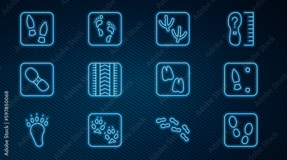 Set line Human footprints shoes, Dove paw, Tire track, Camel and icon. Vector Set line Human footprints shoes, Dove paw, Tire track, Camel and icon. Vector
