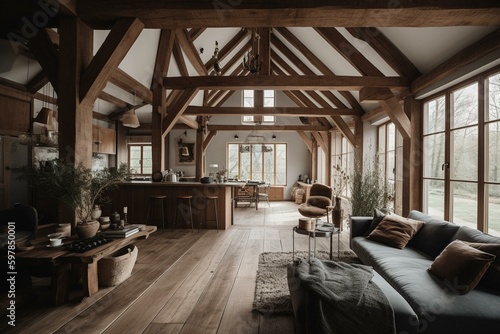 High-end rural home meets contemporary design. Wood beams create a cozy feel. Generative AI © Arvid