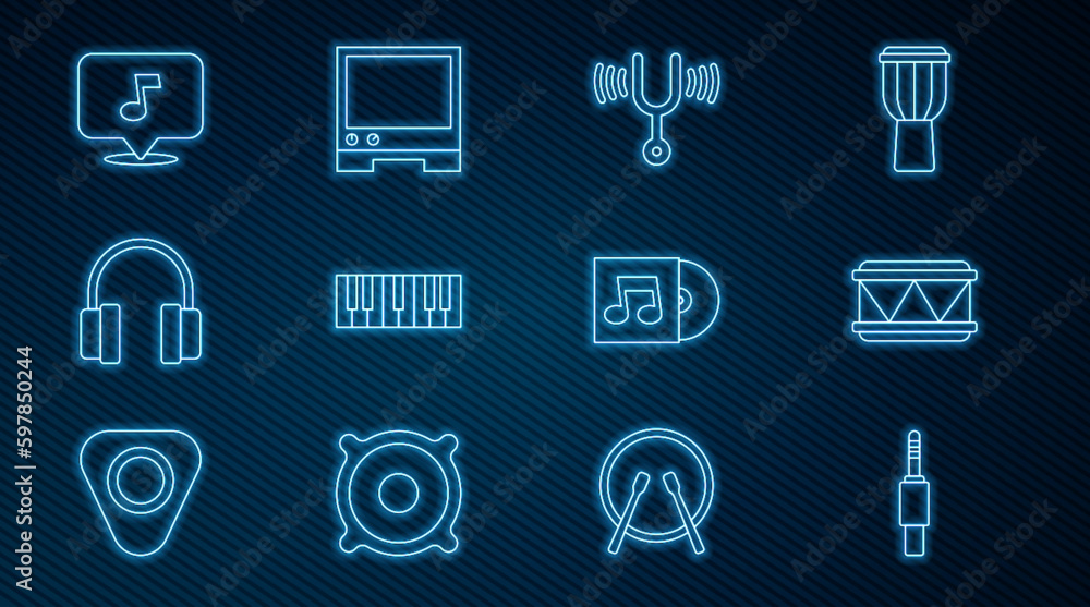 Set line Audio jack, Drum, Musical tuning fork, synthesizer, Headphones, note, tone, Vinyl disk and Voice assistant icon. Vector Set line Audio jack, Drum, Musical tuning fork, synthesizer, Headphones, note, tone, Vinyl disk and Voice assistant icon. Vector