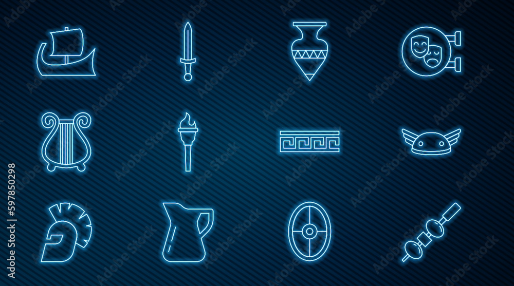 Set line Olive and cheese on chopstick, Helmet with wings, Ancient amphorae, Torch flame, lyre, Greek trireme, pattern and Medieval sword icon. Vector Set line Olive and cheese on chopstick, Helmet with wings, Ancient amphorae, Torch flame, lyre, Greek trireme, pattern and Medieval sword icon. Vector