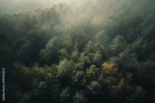 An aerial view of trees in a forest shrouded by mist. Generative AI © Tristan