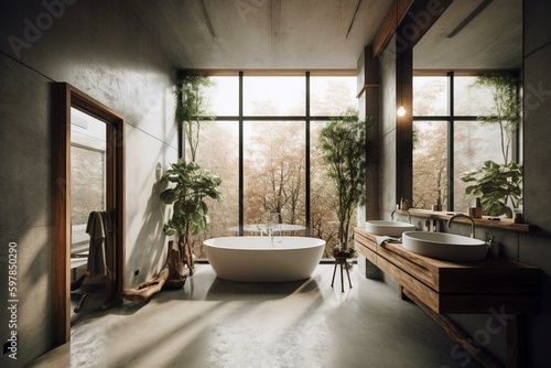 A sleek loft bathroom with concrete floors  white walls  and wood ceilings. Enjoy nature views from the large windows. Generative AI