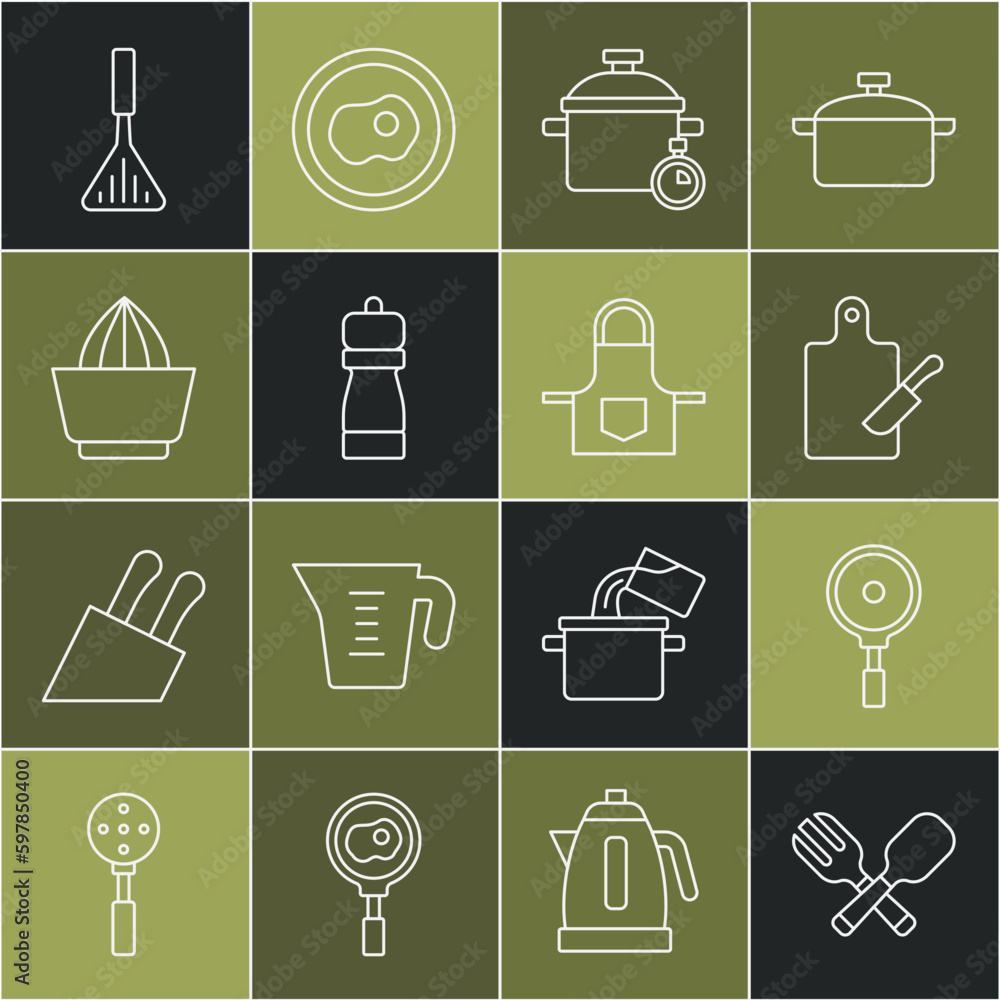 Set line Crossed fork and spoon, Frying pan, Cutting board knife, Cooking pot, Pepper, Citrus fruit juicer, Barbecue spatula and Kitchen apron icon. Vector Set line Crossed fork and spoon, Frying pan, Cutting board knife, Cooking pot, Pepper, Citrus fruit juicer, Barbecue spatula and Kitchen apron icon. Vector