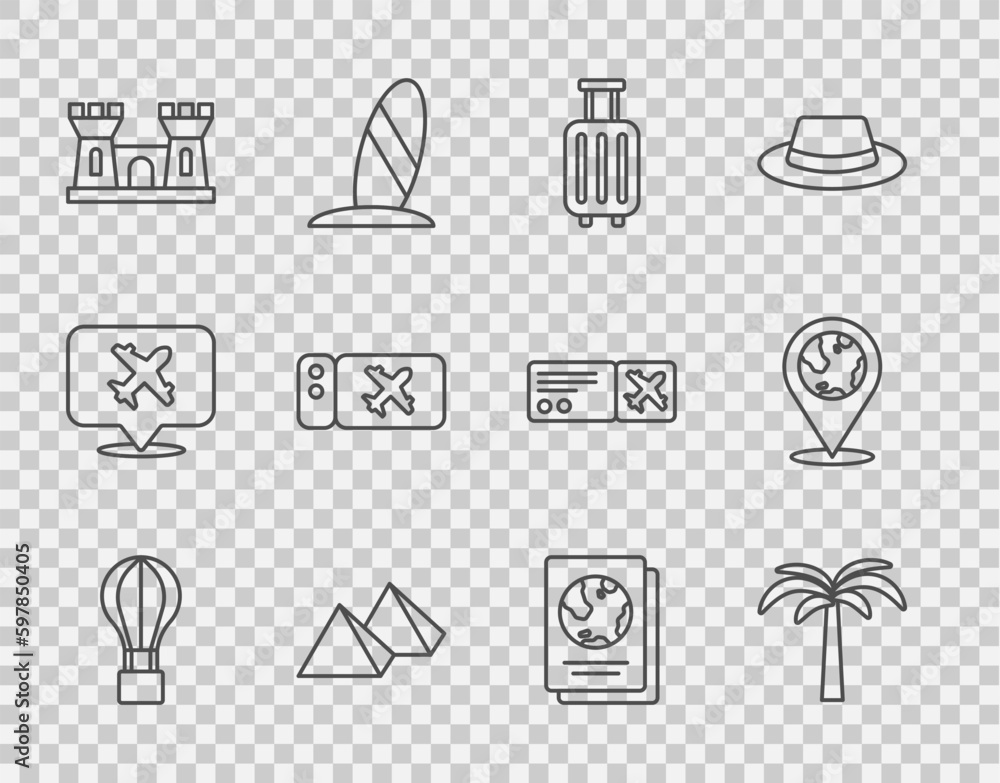 Set line Hot air balloon, Tropical palm tree, Suitcase, Egypt pyramids, Sand castle, Airline ticket, Passport and Location the globe icon. Vector Set line Hot air balloon, Tropical palm tree, Suitcase, Egypt pyramids, Sand castle, Airline ticket, Passport and Location the globe icon. Vector