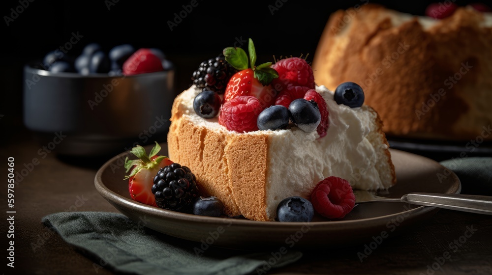 Classic Angel Food Cake with Fresh Berries and Whipped Cream. Generative AI. Classic Angel Food Cake with Fresh Berries and Whipped Cream. Generative AI.