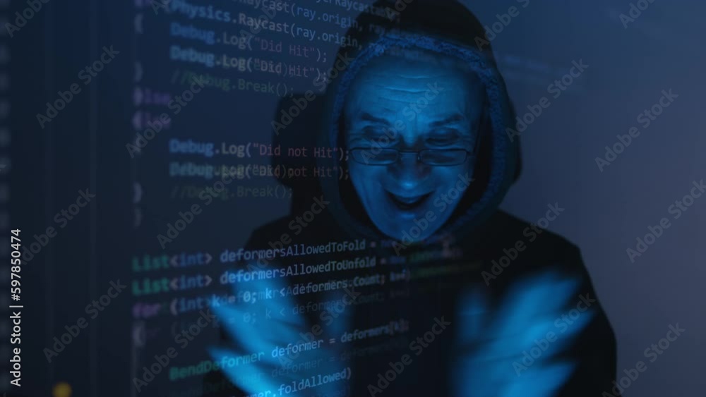 close-up face of old man wearing glasses, experienced programmer ...
