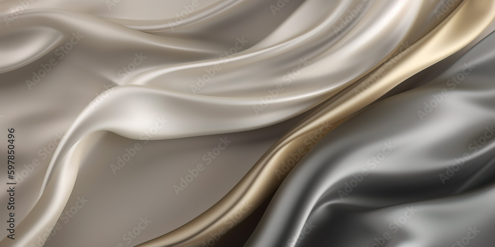 Abstract Background with 3D Wave Silver gold Gradient Silk Fabric. Christmas, wedding, bridal, valentine, romance, award. Holiday gift with copy space. Web banner with copy space. Generative Ai
