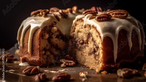 Rustic Cinnamon Roll Cake with Cream Cheese Frosting and Pecans. Generative AI.