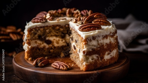 Rustic Cinnamon Roll Cake with Cream Cheese Frosting and Pecans. Generative AI.