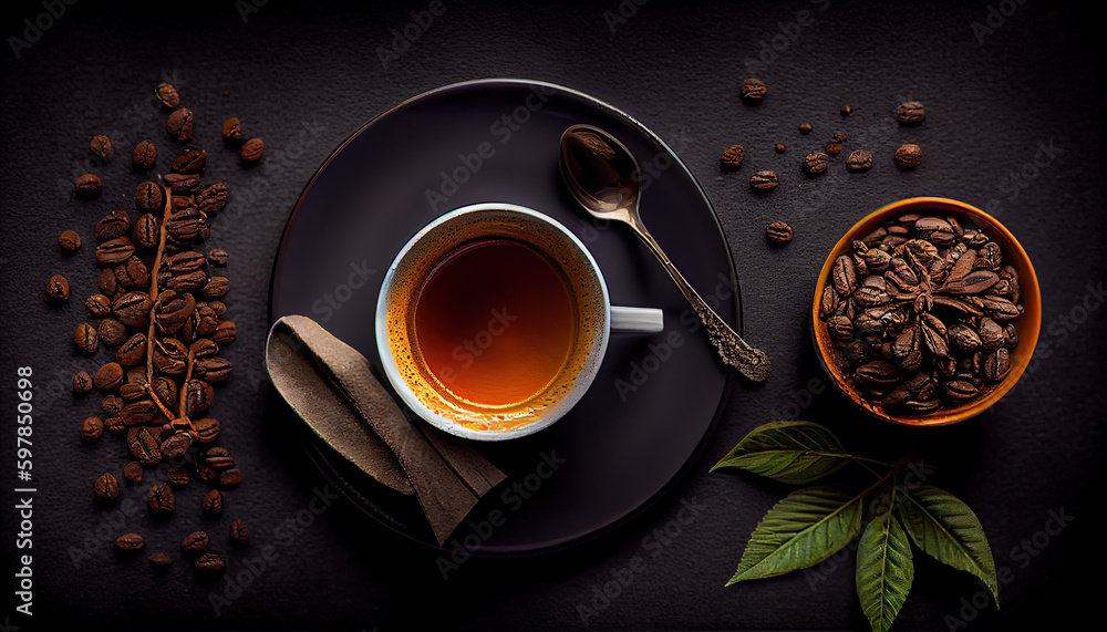 Top View Coffee Beans and Expresso Cup on Foody Themed Background ...