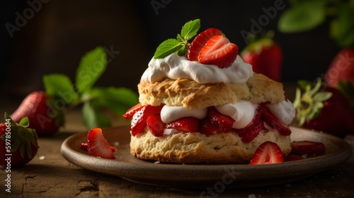 Classic Strawberry Shortcake with Whipped Cream and Fresh Strawberries. Generative AI.