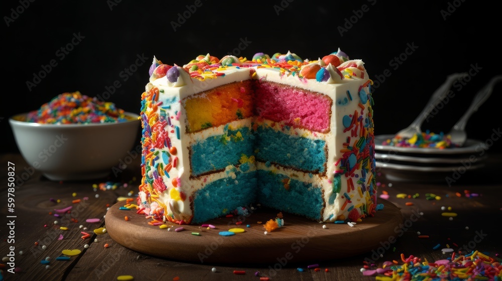 Colorful Rainbow Cake with Vanilla Buttercream Frosting and Rainbow Sprinkles. Generative AI.
