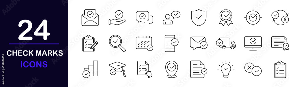 Check marks web icons set. Check marks sign - simple thin line icons collection. Containing accepted document, quality check, approved, check list, warranty and more. Simple web icons set Check marks web icons set. Check marks sign - simple thin line icons collection. Containing accepted document, quality check, approved, check list, warranty and more. Simple web icons set