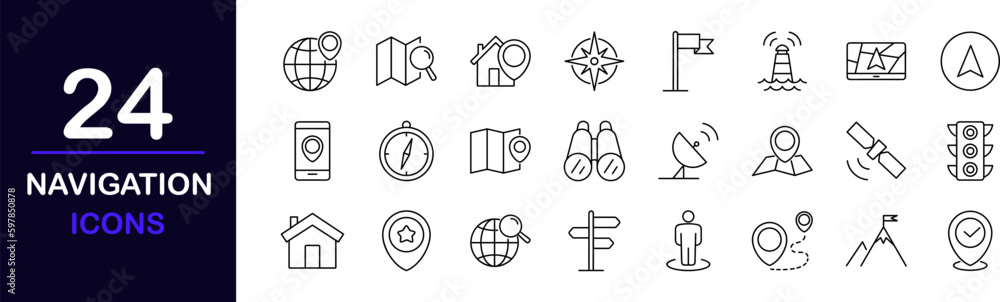 Navigation web icons set. Navigation - simple thin line icons collection. Containing route map, navigation, map with a pin, location, direction, maps, traffic and more. Simple web icons set
