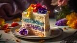 Colorful Ombre Cake with Vanilla Buttercream and Edible Flowers. Generative AI.