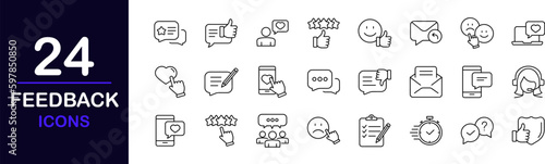 Feedback web icons set. Feedback - simple thin line icons collection. Containing rating, testimonials, quick response, satisfaction, review, emotion symbols and more. Simple web icons set