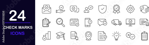 Check marks web icons set. Check marks sign - simple thin line icons collection. Containing accepted document, quality check, approved, check list, warranty and more. Simple web icons set