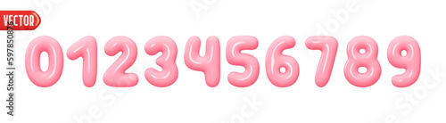 Pink numbers from 0 to 9. Collection of voluminous inflated color numbers from balloon. Set of bright bubble spherical numbering figures. Elements in cartoon style. vector illustration