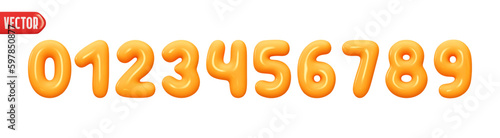 Orange numbers from 0 to 9. Collection of voluminous inflated color numbers from balloon. Set of bright bubble spherical numbering figures. Elements in cartoon style. vector illustration