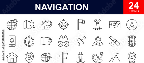 Navigation web icons set. Navigation - simple thin line icons collection. Containing route map, navigation, map with a pin, location, direction, maps, traffic and more. Simple web icons set