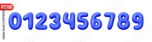 Blue numbers from 0 to 9. Collection of voluminous inflated color numbers from balloon. Set of bright bubble spherical numbering figures. Elements in cartoon style. vector illustration
